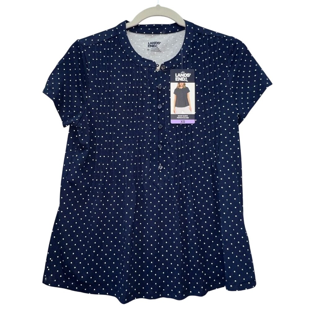 Lands End Navy‎ White Polka Dot Short Sleeve Pintuck Blouse XS